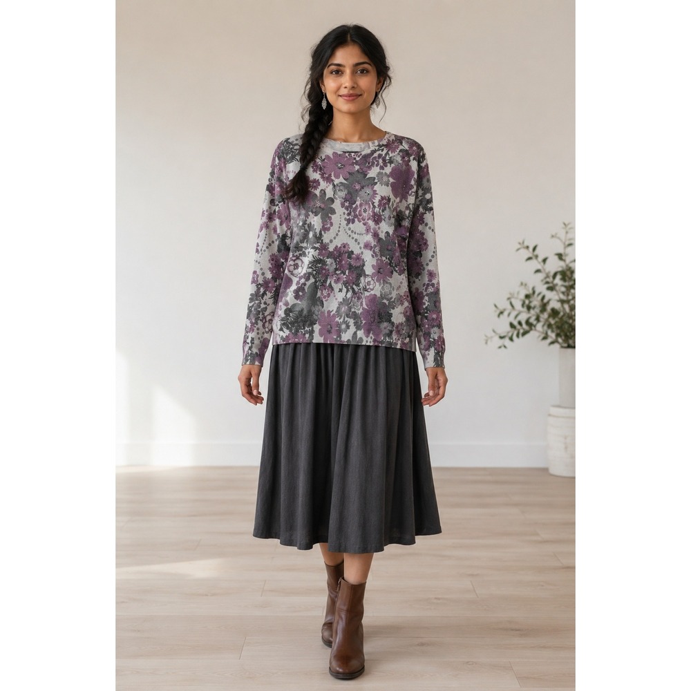 Boho Cottagecore Shimmer Purple Floral Metallic Beaded Alfred Dunner M Sweater
